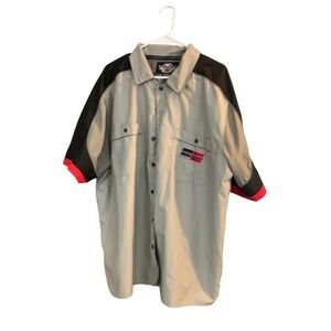 Harley Davidson Racing Shirt Gray Black Red Short Sleeve Button Up‎ 2XL